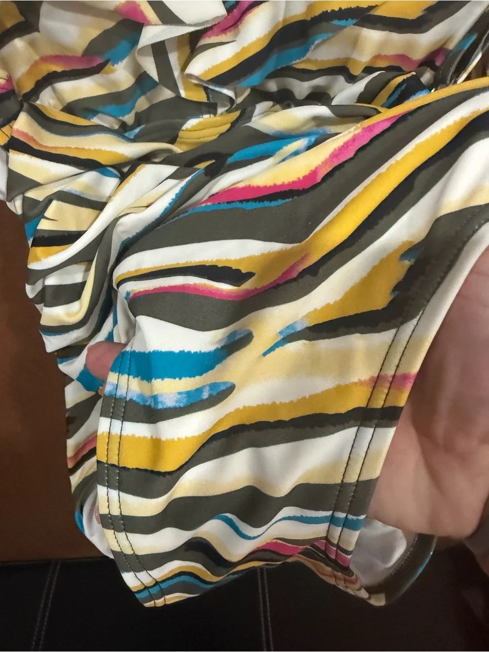 DKNY Multicolor Striped One-Piece Swimsuit ruffled v-neckline. Tummy control.8 - Picture 9 of 12